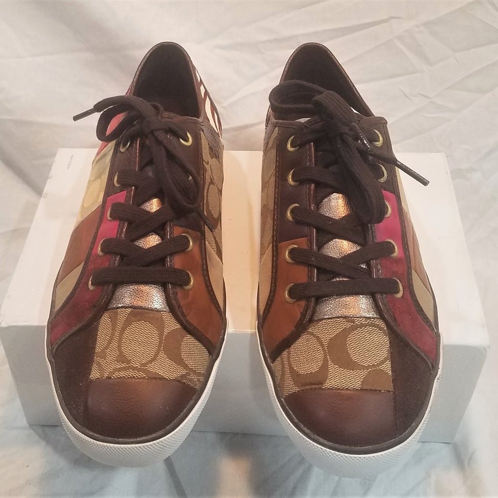 Coach Brown and Pink Patchwork Signature Sneakers